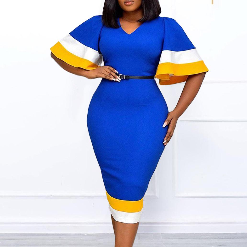 

European & American Women s Summer Fashion Trumpet Sleeve Color Block Dress XL