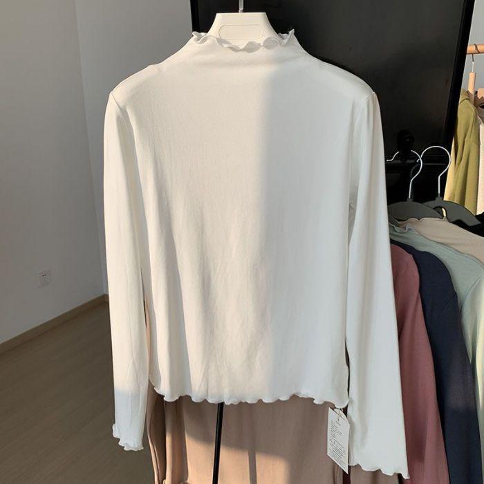 

Women s Autumn/Winter Fleece Ruffle Base Layer Shirt with Half-High Collar and Long Sleeves Double Extra Large белый