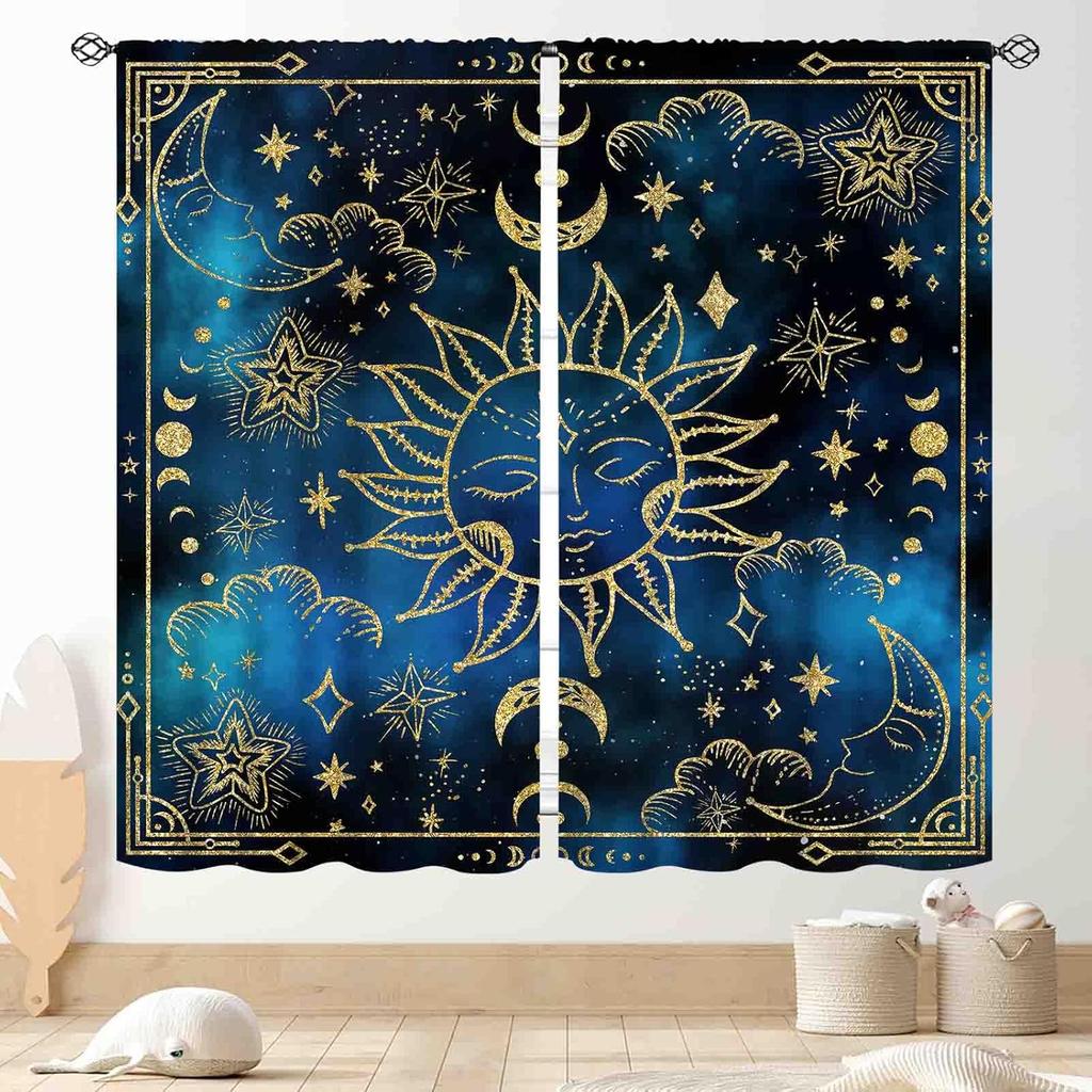 Wild Floral Moon Curtains, Boho Vintage Moon Phase Botanical Mid Century Moonlit Plants Aesthetic Spring Flower Blackout Window