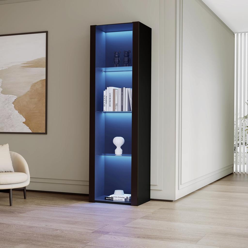 Display Cabinet Highboard 3 Glass Shelves, Modern Glass Display Cabinet, Black High Gloss Front, Free-Standing Display Cabinets, Living Room Office Kitchen, Open Storage, 55x38x166cm