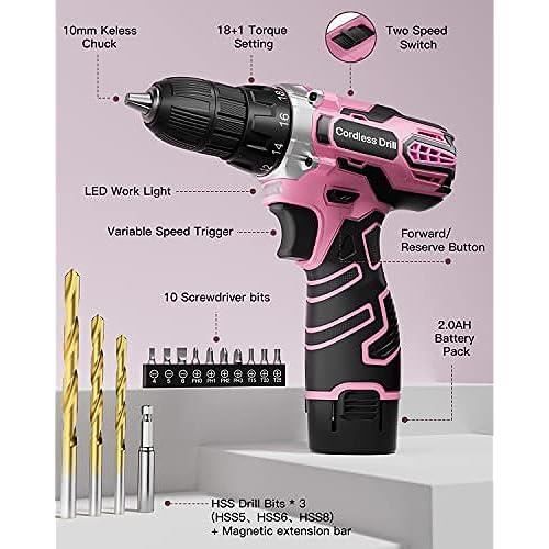 Perceuse Visseuse Sans Fil 12V Rose, Visseuse Devisseuse Sans Fil, Sac De Rangement, 15 Accessoires Et Batterie, 25Nm, 18+1 Réglages