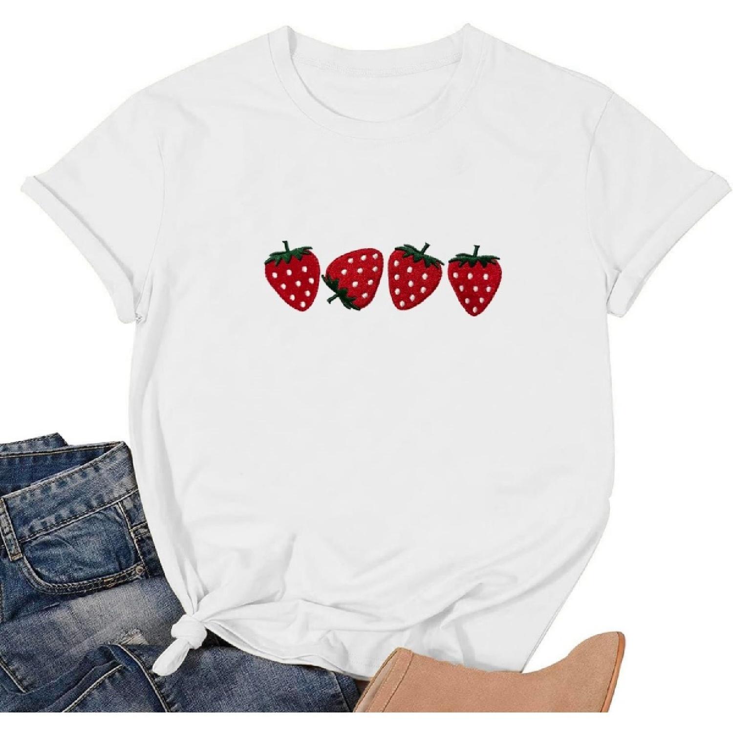 Strawberry Shirt for Women Fruit Graphic Tee Embroidered Strawberry T-Shirt Short Sleeve Gardener Gift Tee Tops S