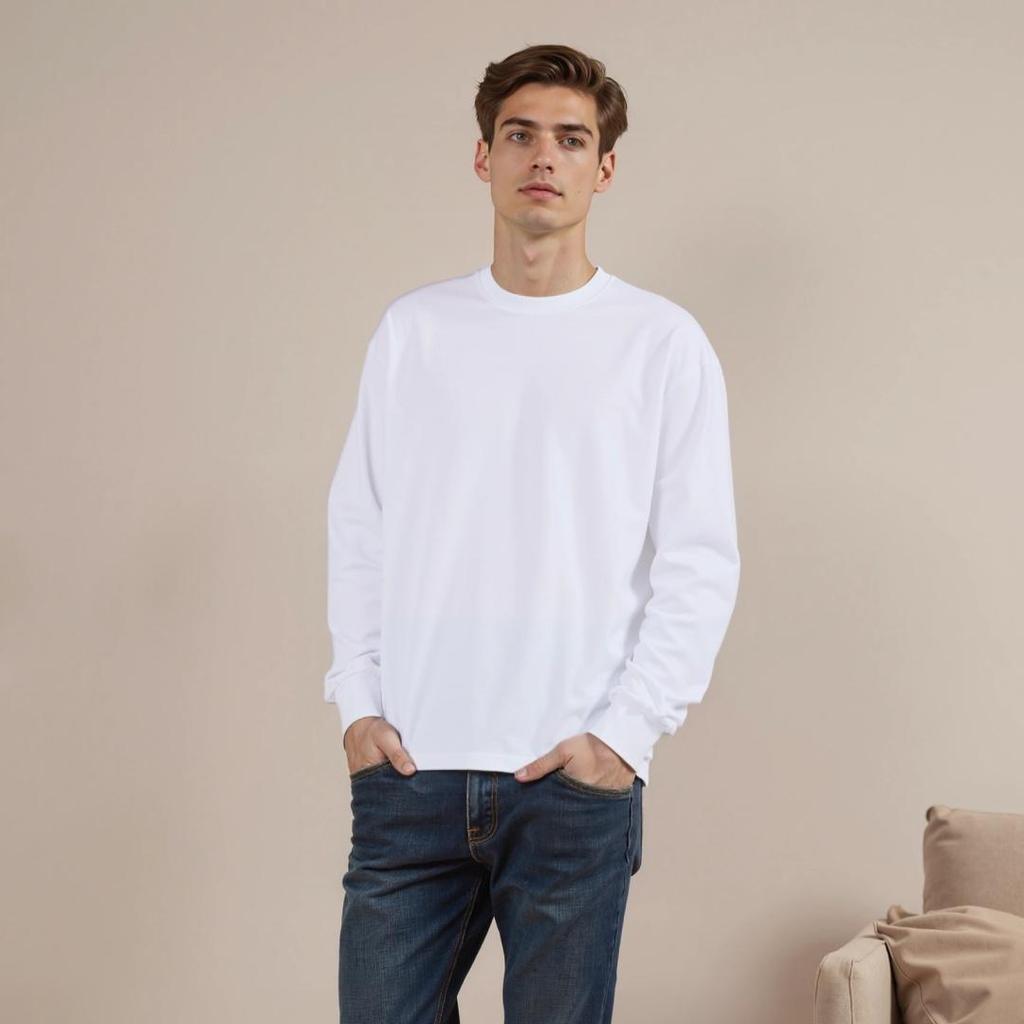 Spring and Autumn Pure Cotton Soft Breathable Fabric Round Neck Long Sleeved T-shirt for Men and Women, Loose Fit Base Shirt