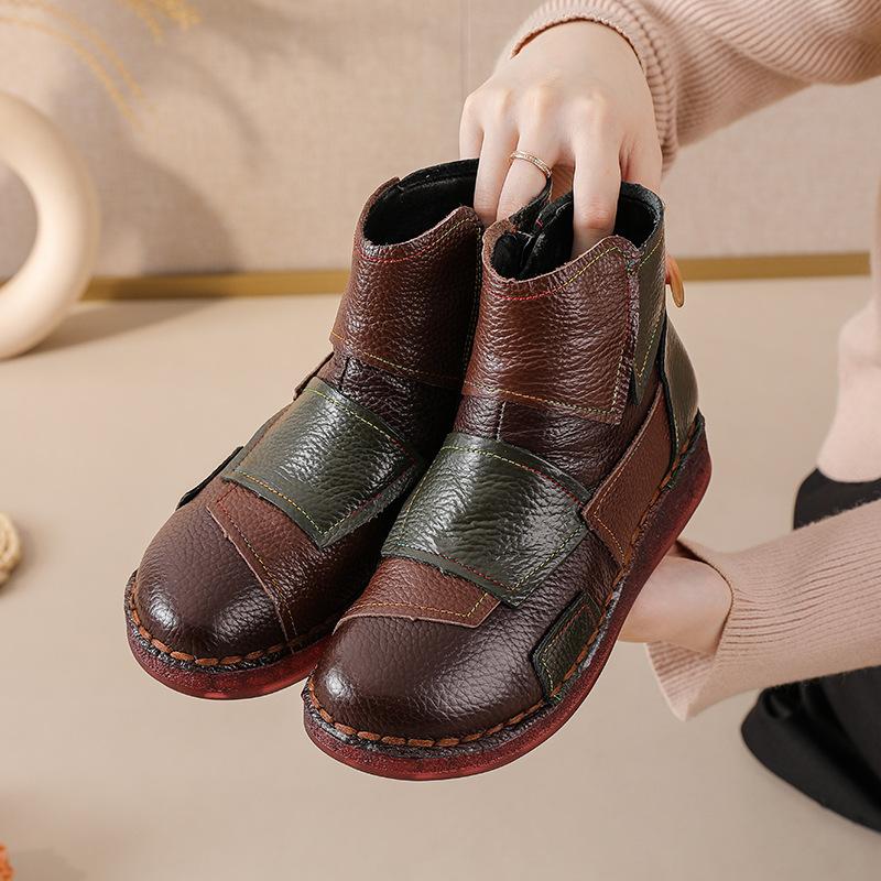 Leather short boots with color matching warm and comfortable cotton shoes women's winter cowhide sole leather boots