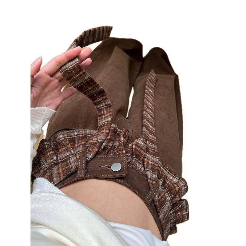 Retro Coffee Lace Splicing Jeans Women's High Waist Plaid Strap Design Loose Casual Wide-leg Pants
