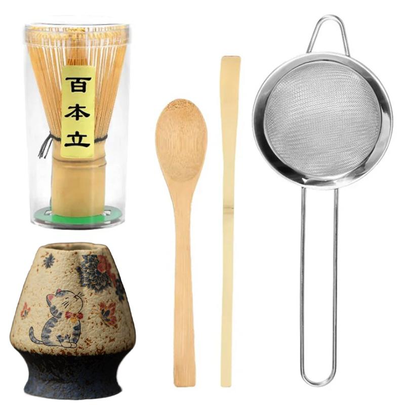 1/5pcs Matcha Set Bamboo Whisk Tea Spoon Ceramic Fittings Matcha Whisk (Chasen) Tea Spoon And Scoop (Chashaku) Tea-making Tool