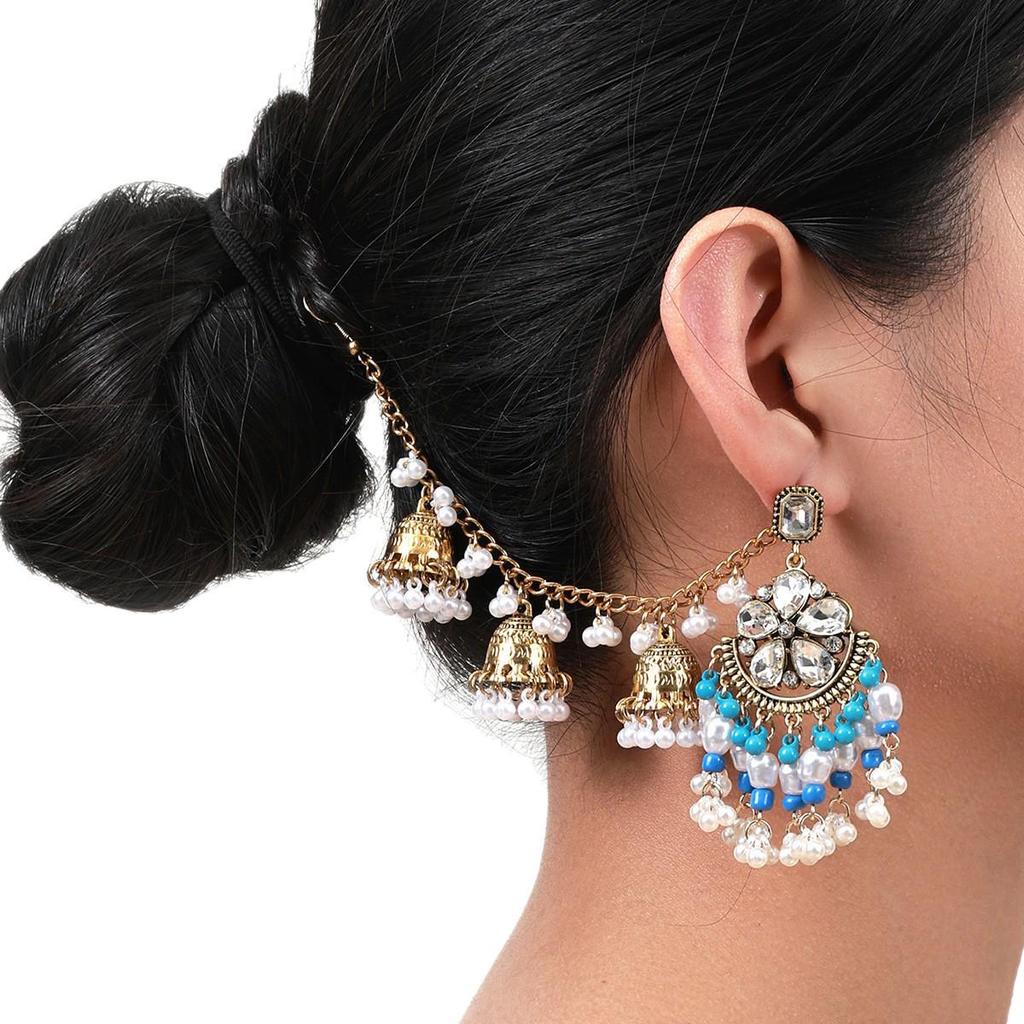 Bohemian Ethnic Rhinestone Flower Bell Earring & Hair Chain Set