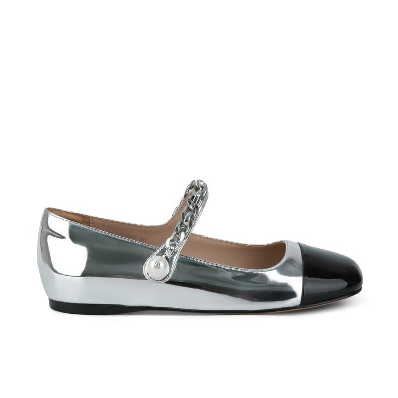 Sheepskin~ Su Yinyin's same Amiu rhinestone pearl buckle chain color matching Mary Jane shoes women's flat-bottomed light-mouth single shoes