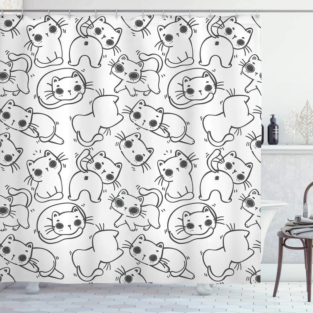 Cute Cat Pattern Shower Curtain - Fun Cartoon Design for Playful Bathroom Décor, Waterproof, Easy Care & Soft Fabric