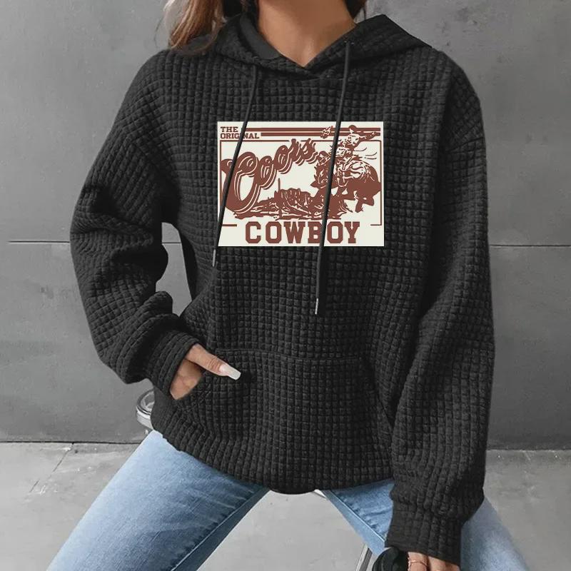 European & American Women's Waffle Knit Hooded Letter Print Sweatshirt