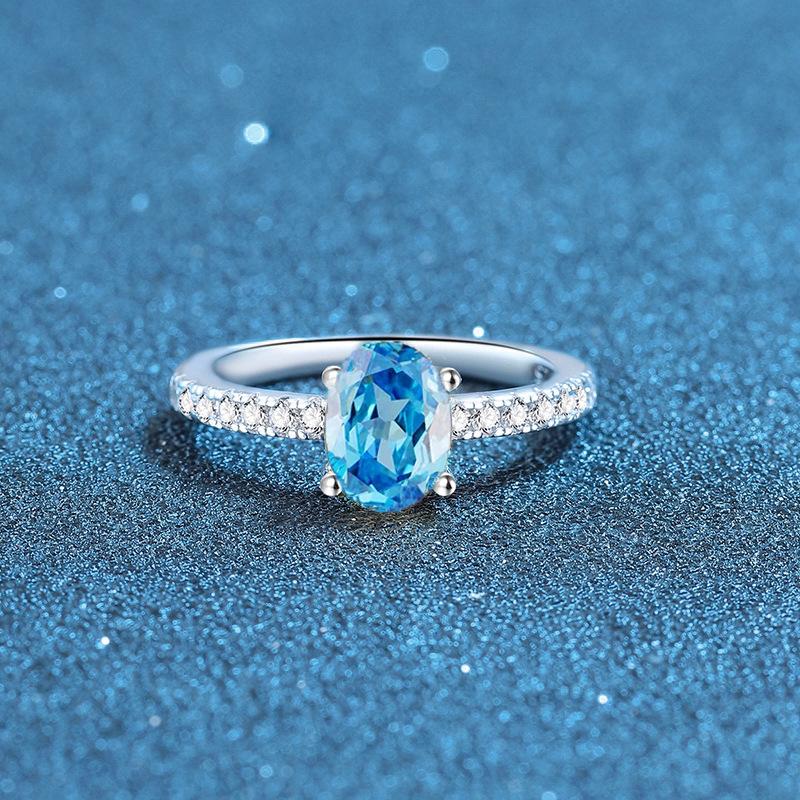 S925 Sterling Silver Egg-Shaped Women's Ring: Yellow, Green, Blue, Sea Blue Diamond, Korean Style