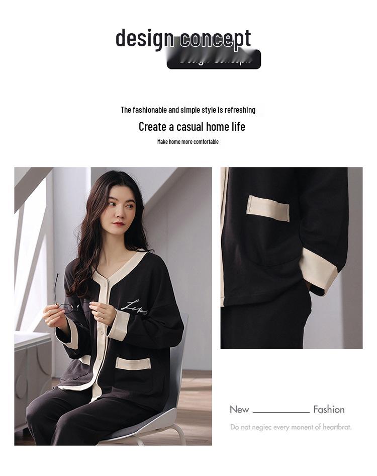 Women's Cotton Pajama Set: Long Sleeve Cardigan with Long Pants, Plus Size, Simple and Casual for Spring & Autumn.