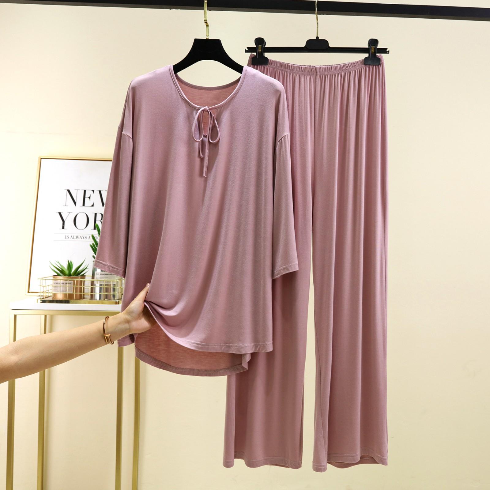 

Ladies Summer Loose And Comfortable Three Quarter Sleeved T-shirt Straight Leg Pants Plus Size Pajamas Set XL розовый