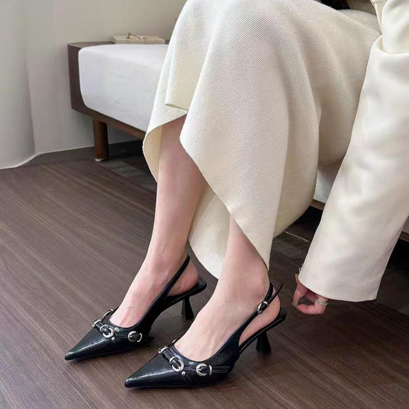 Fashion Spring New Baotou Sandals for Women Fashion Pointed Shallow Mouth Metal Buckle A Line with Non-slip Low Heel Shoes