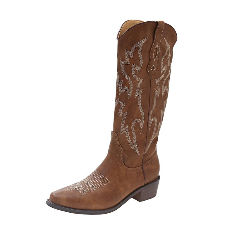Fashion Autumn Winter Vintage Women Western Cowboy Boots Fashion Slip On Thick Heel Shoes Embroidery Knight Botas