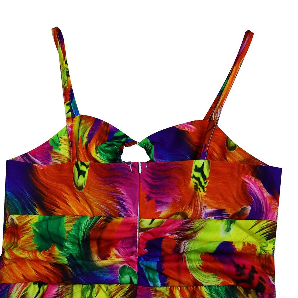 Women's Sexy Spaghetti Strap Colorful Print Maxi Dress, Backless Cut Out High Waist Tiered Beach Vacation Evening Party Gown