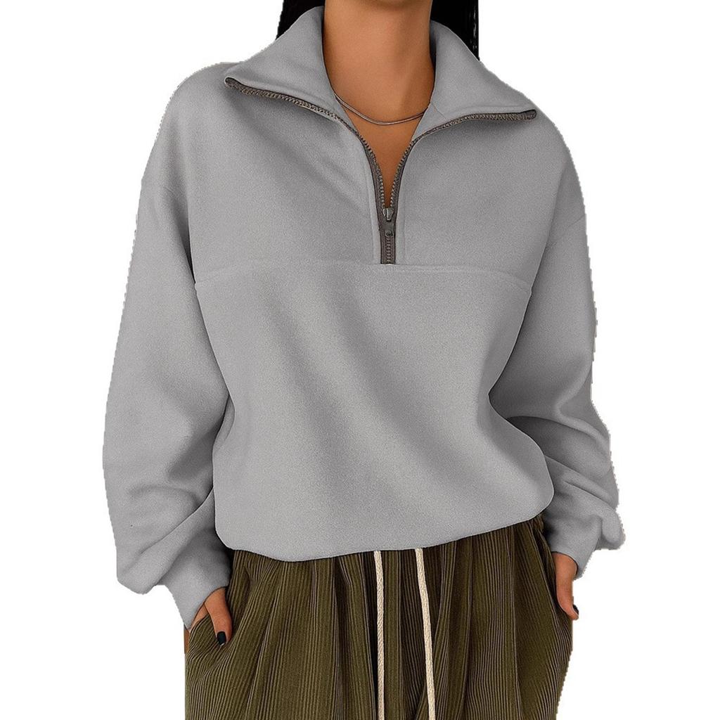 Women's Casual Fashion Solid Color Long-sleeved Zipper Pullover Lapel Sweatshirt