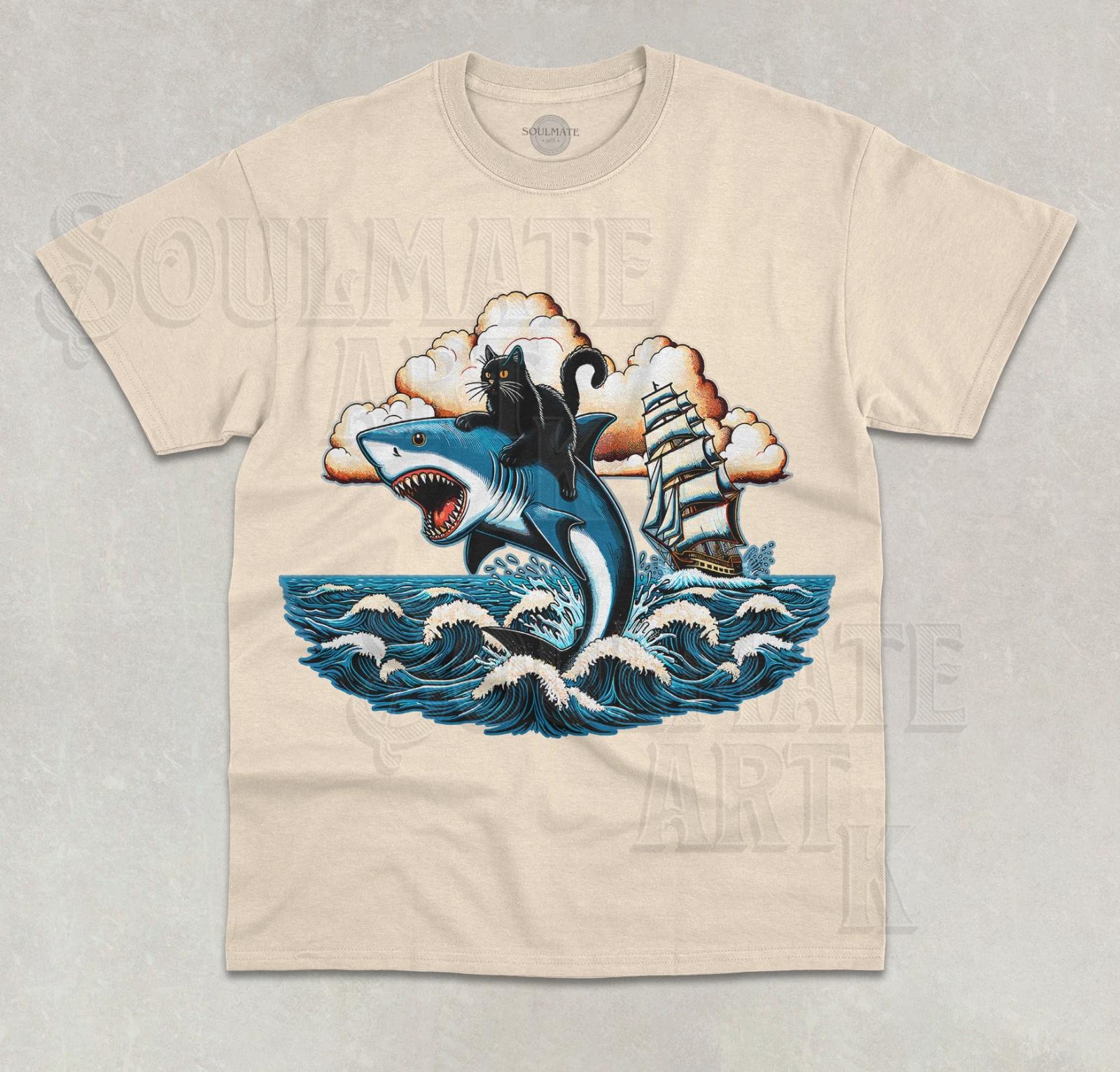 Cat Riding Shark Ocean T-Shirt Funny Cute Kitten Cat Meme Unisex Graphic Shirt 4XL