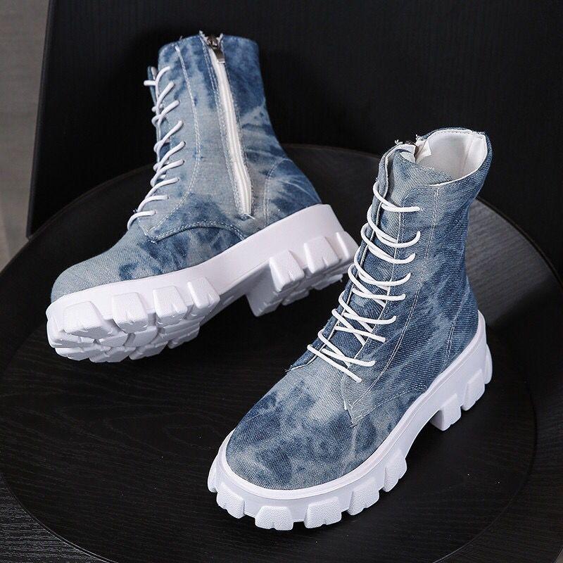 Autumn and winter color side zipper denim flat-bottomed platform short boots women's retro platform muffin bottom Martin boots lace-up