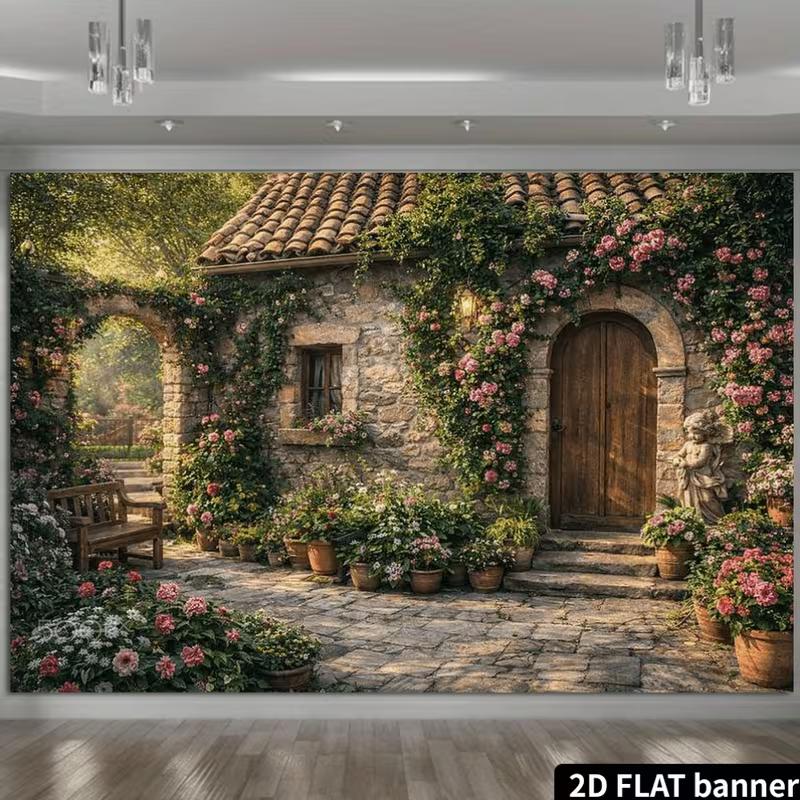 2D Romantic Cottage Backdrop Stone House Blooming Roses Studio Photo Background Cloth