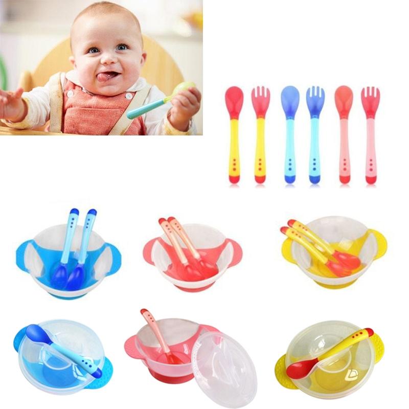 Baby Kids Tableware Suction Bowl Spoon Temperature Sensing Spoon Set Cover