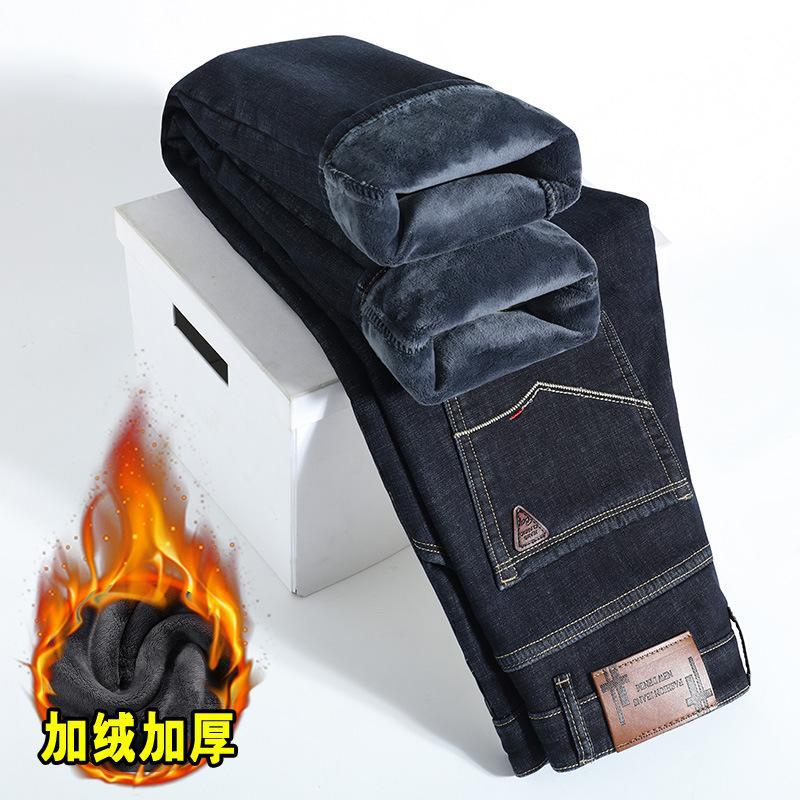Spring and Autumn Jeans Straight Loose Fleece Thickened Warm Business Elastic Casual Pants