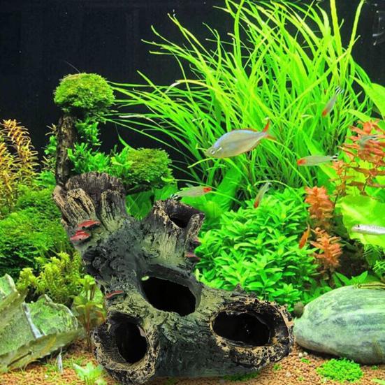 Decaying Trunk Aquarium Hide Decorative Betta Fish Hideout with Multiple Holes