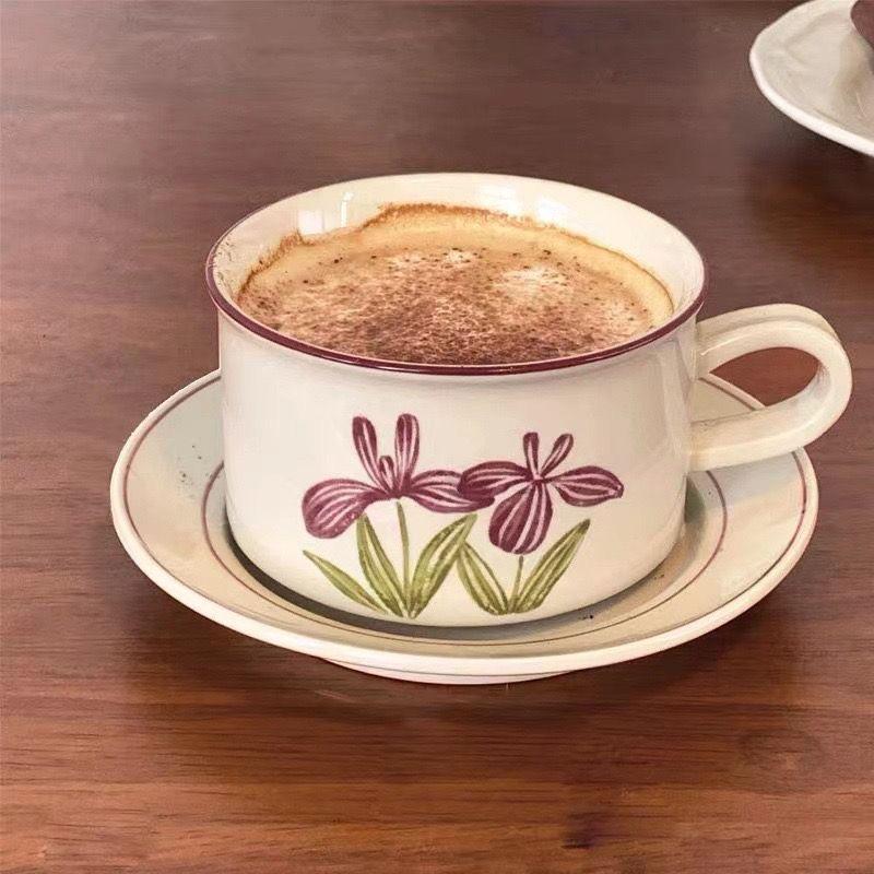 Clay Hand-painted Style Vintage Ceramic Coffee Cup And Saucer Suit Afternoon Tea Tulip Lily Cup And Saucer Set