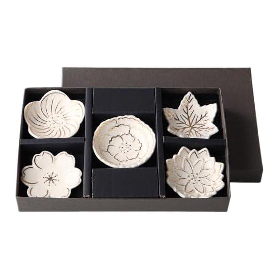 Chopstick Rests, Set of 5, Ceramic, Mino Ware, Made in Japan, Gold Flower Design, 6cm Diameter, with Gift Box