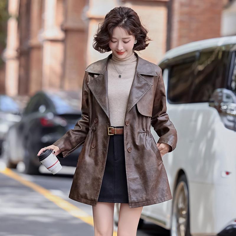 Women's PU Leather Trench Coat with Suit Collar, Double-Breasted, Mid-Length, Waist-Slimming for Spring/Autumn - Model YG82936.