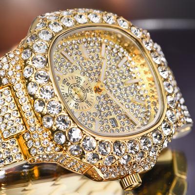 MISSFOX Luxus Iced Watch Herrenmode Edelstahl Gold Armbanduhr Hip Hop Diamant Bling Schmuck Uhr