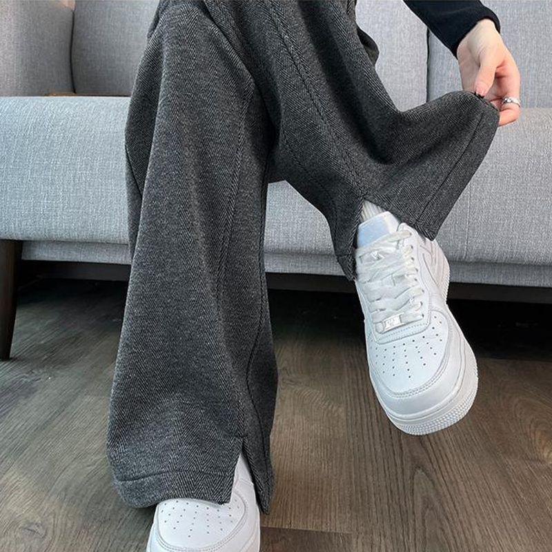 2026 Autumn/Winter Women's High-Waisted Herringbone Wide-Leg Pants with Plus Velvet and Slit, Slim Straight-Leg Design