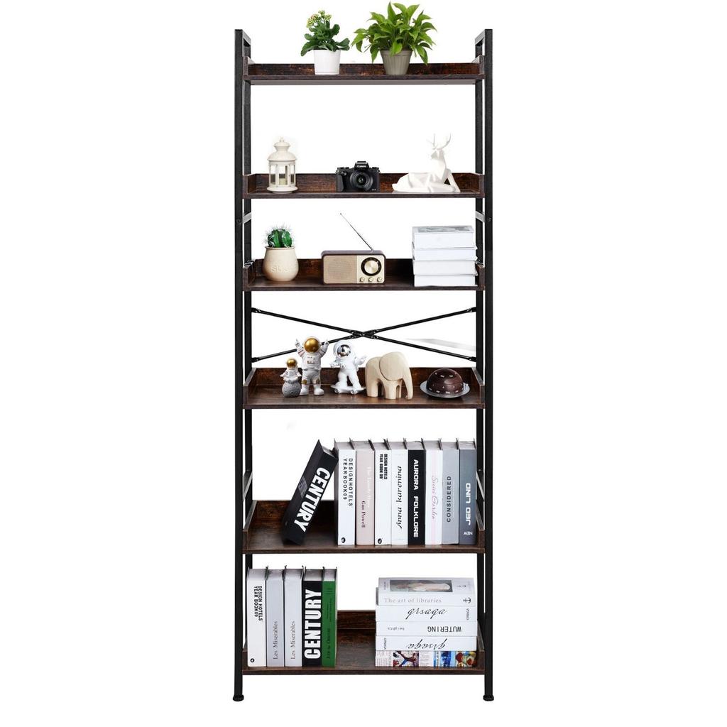 Industrial Bookshelf, 6-Tier, Vintage Ladder Shelf Bookshelves and Bookcases, with Metal Frame, Book Organizer with Open Shelves, for Living Room,