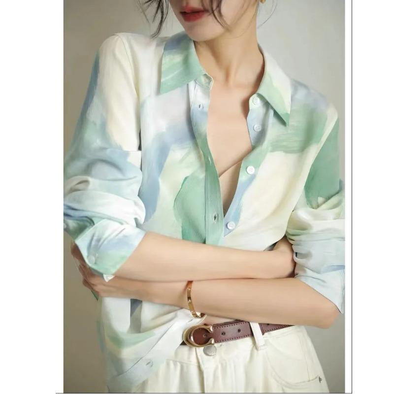 Elegant Watercolor Print Long Sleeve Button Up Shirt For Women