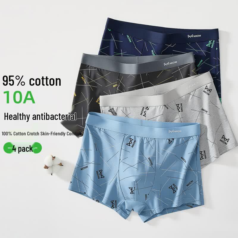 Mao Ren Men's 10A Antibacterial Pure Cotton Boxer Briefs 4-Pack