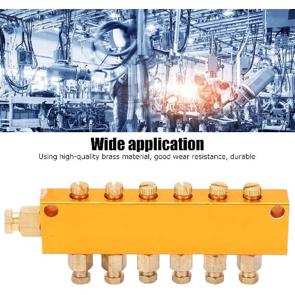 Brass Oil Distributor 5/6 Way Adjustable Lube Oil Piston Distributor Value Manifold Block for Centralized Lubrication System(1 in 6 Out)