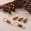 Maillard Geometric Tiger Eye Oval Pendant & Earrings Set In 18K Gold-Plated Titanium Steel