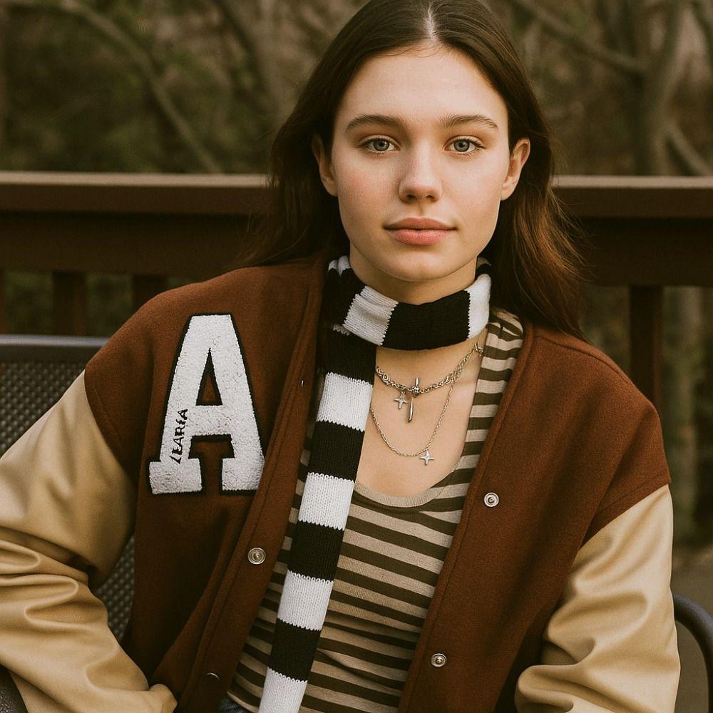 Korean Style Black Grey Stripe Women Long Scarves Knitted Slim Y2K Girl Scarf Warm Neck Cotton Skinny Scarf Fashion Streetwear