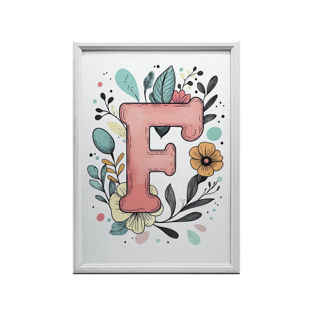 Plakat Z Literą "F" Z Kolorowymi Kwiatami Plakat Z Literą "F" Z Kolorowymi Kwiatami, 30X40 Cm, Rama Drewniana Ciemny Brąz, Papier Matowy 230 Gsm
