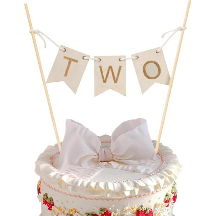 Wood “TWO” Birthday Cake Topper - 2st First Birthday Cake Bunting Banner For Celebration Second Cake Topper Photo Prop