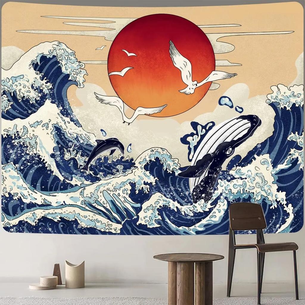 Große Meereswelle Wandteppich Asiatischer Anime Berg Rote Sonne Kirschblüte Wandteppich Zuhause Wohnzimmer Schlafzimmer Wand Moderne Kunst Wandteppiche