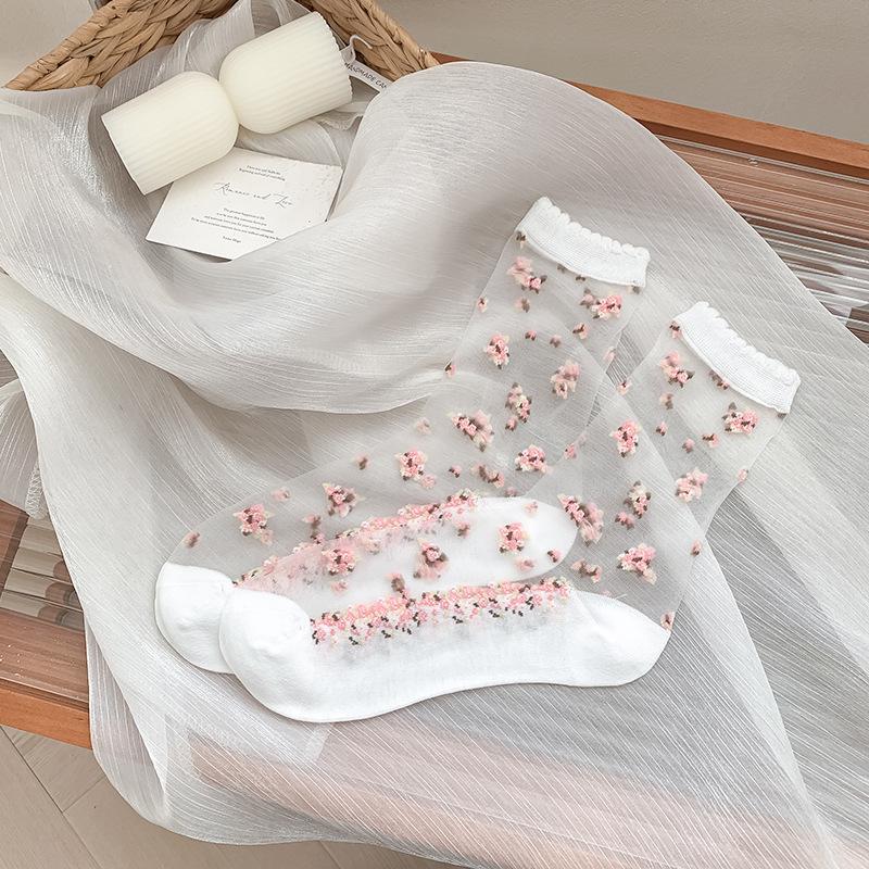 Spring/Summer Floral Lace Mid-Calf Socks - Women's Thin, Anti-Snag, Breathable, Transparent Cotton with Small Flower Design.