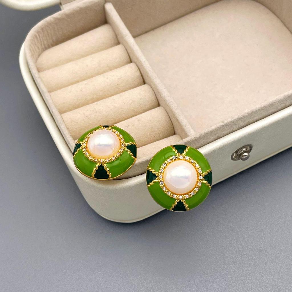 Retro Round Color Block Enamel Pearl Rhinestone Stud Earrings: Fashionable, Elegant, High-End Temperament