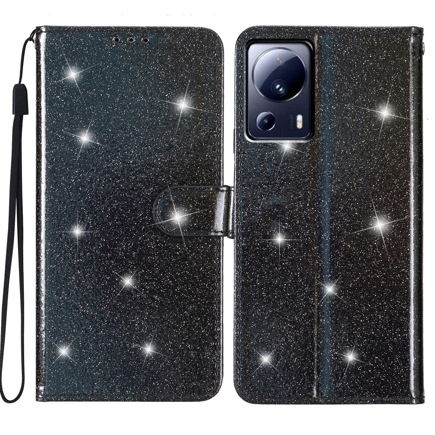

For Xiaomi 13 Lite/Civi 2 5G Glittery PU Leather Phone Case Wallet Stand Anti-shock Cover Black