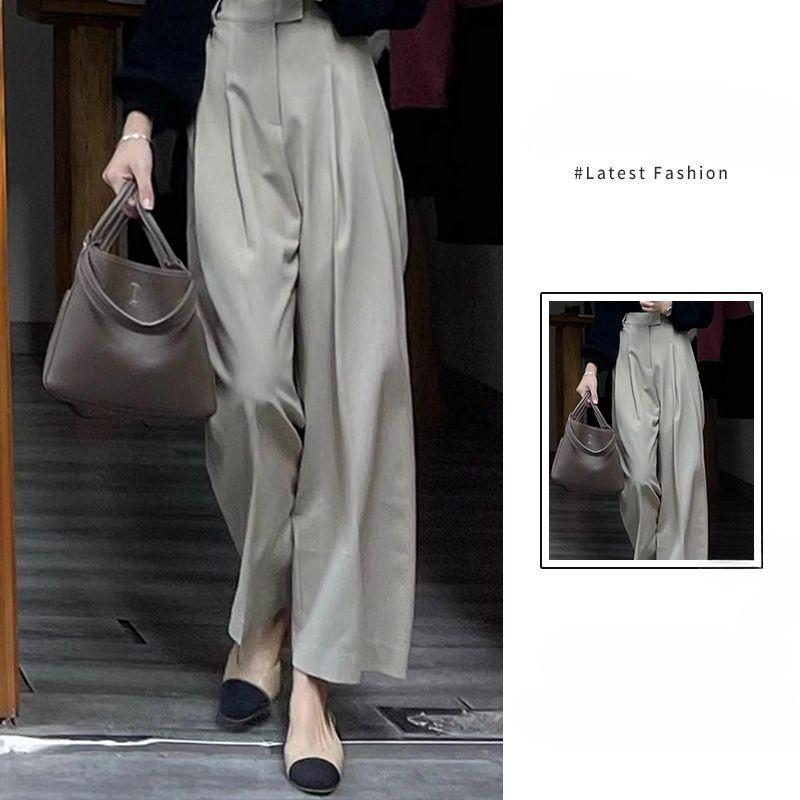 High-Waisted Drapey Summer Tailored Trousers for Women - Grey Slimming Straight-Leg Wide-Leg Ankle-Length Culottes