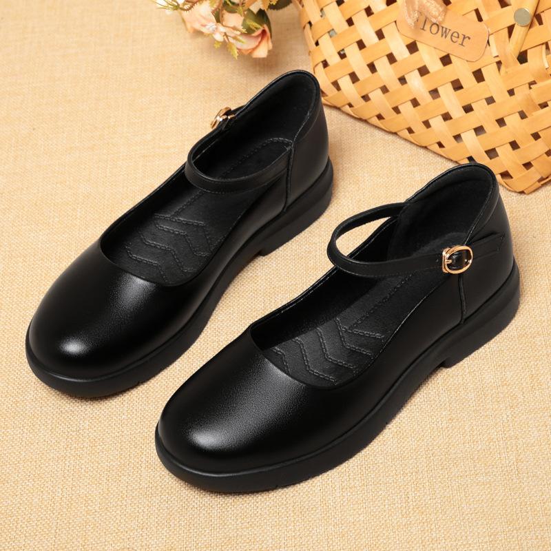 Soft-soled work shoes women's black single shoes one-word buckle strap flat-soled round head work women's leather shoes women's shoes