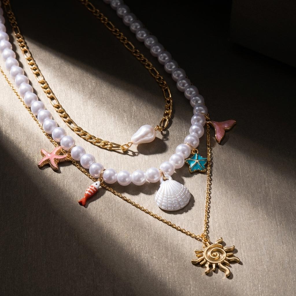 Bohemian Beach Shell Conch Beaded Necklace for Women Ocean Style Seashell Starfish Sun Pendant Choker Vacation Party Jewelry
