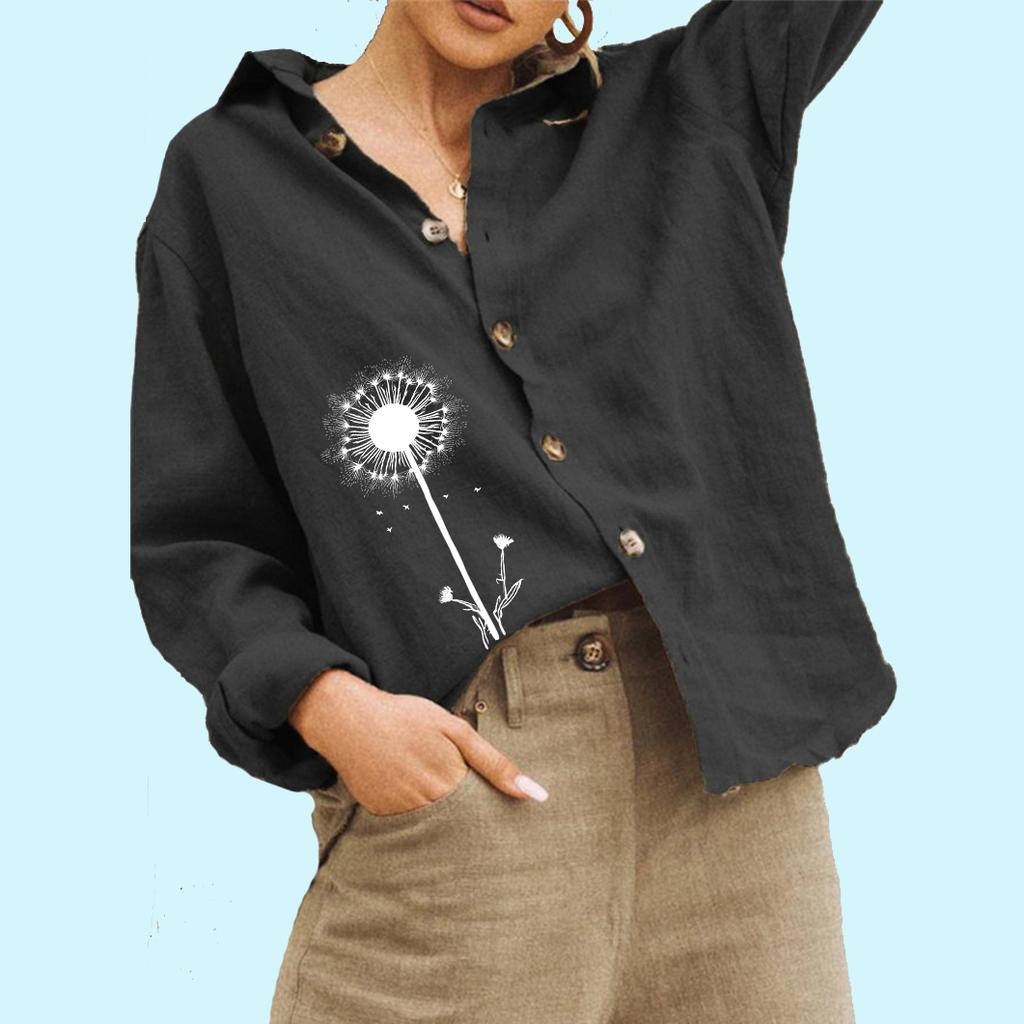 Women Fashion Floral Print Linen Shirt Ladies Casual Long Sleeve Top Loose Buttoned Blouse