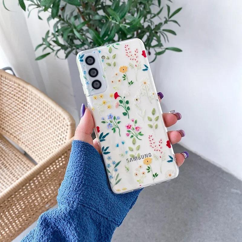 Süße handbemalte Handyhülle mit Blumen für Samsung S25 S24 S22 S21 FE Ultra Klare Silikonhüllen für Samsung Galaxy S23 Plus Ultra Hülle