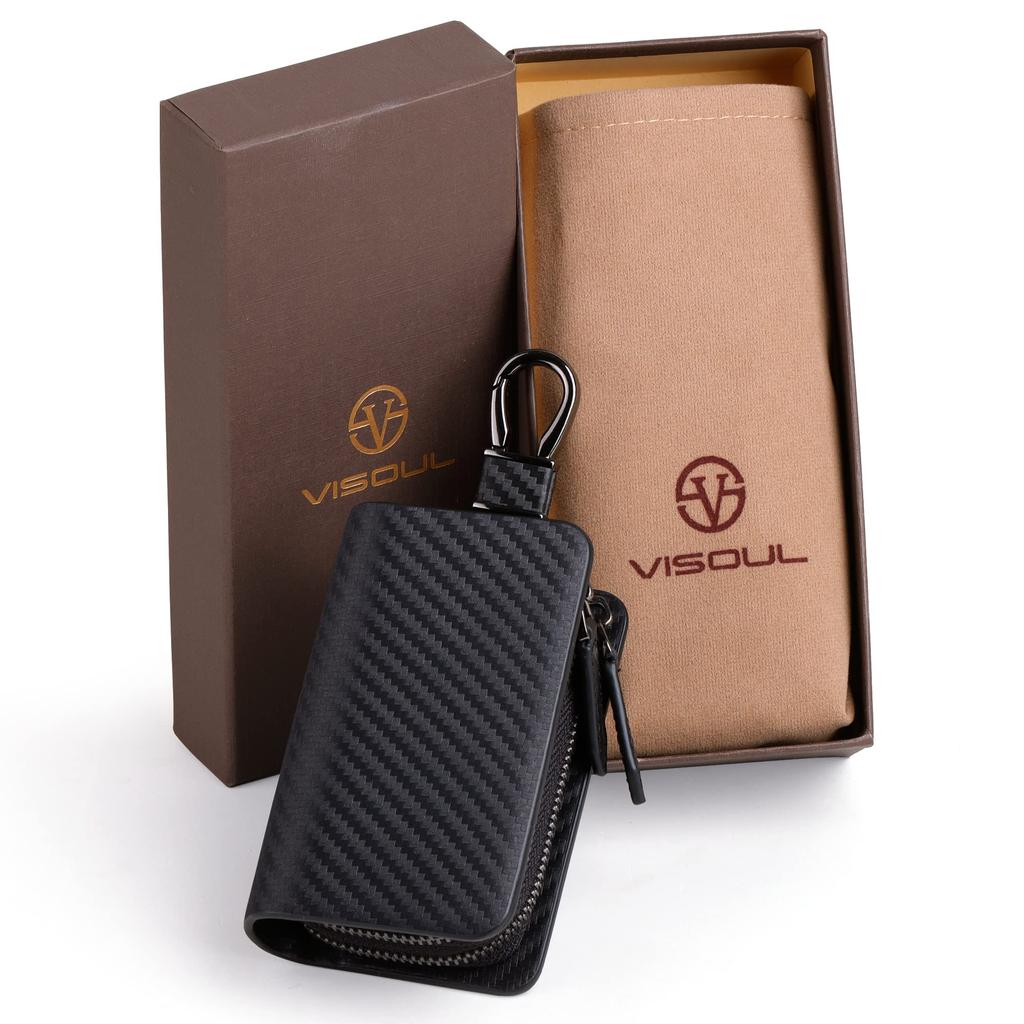 VISOUL Smart Key Case, 2-Key Capacity, Genuine Leather Smart Key Cover, Key Holder with Carabiner, Keyless Accessory for Men and Women, Carbon